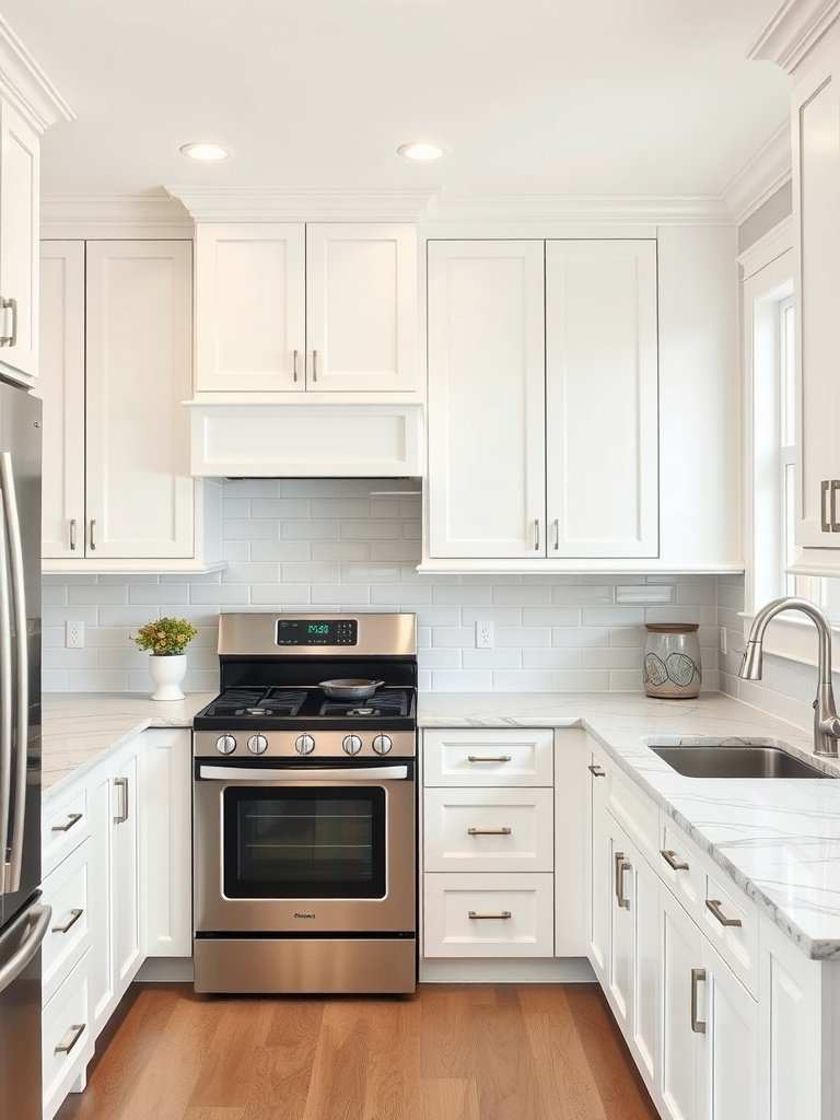 A bright and modern kitchen featuring classic white cabinets and stainless steel appliances.