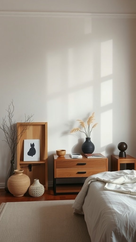 A beautifully arranged Japandi style bedroom featuring natural materials and cohesive decorative elements.
