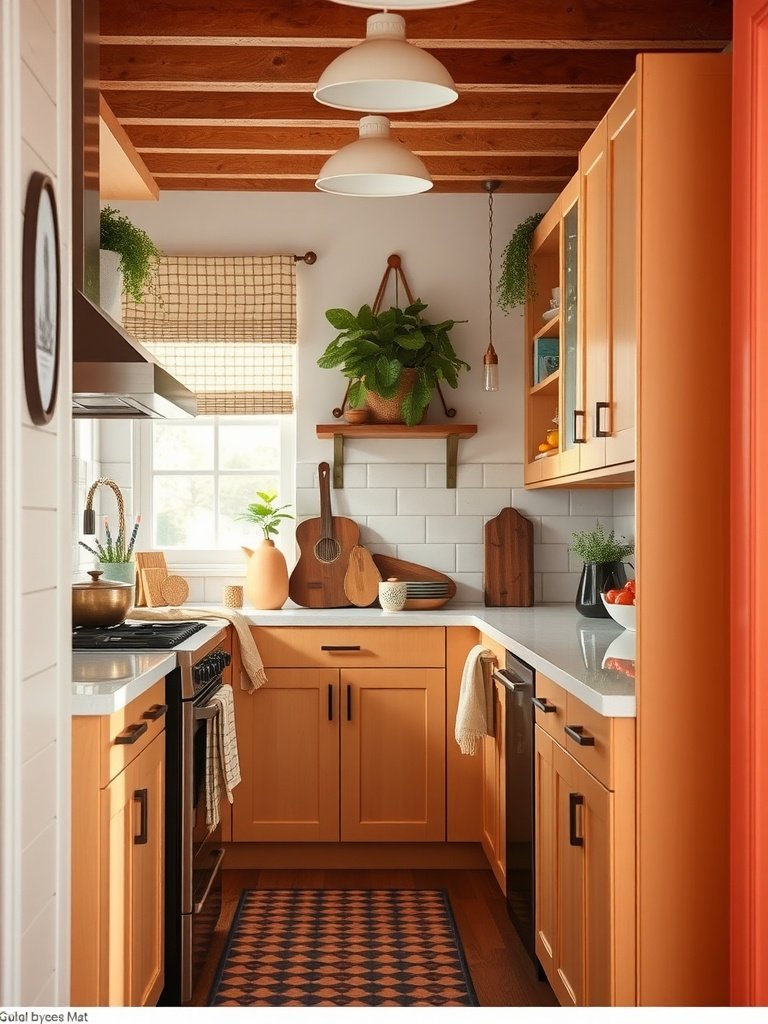 Cozy galley kitchen with warm orange cabinets and wooden accents.
