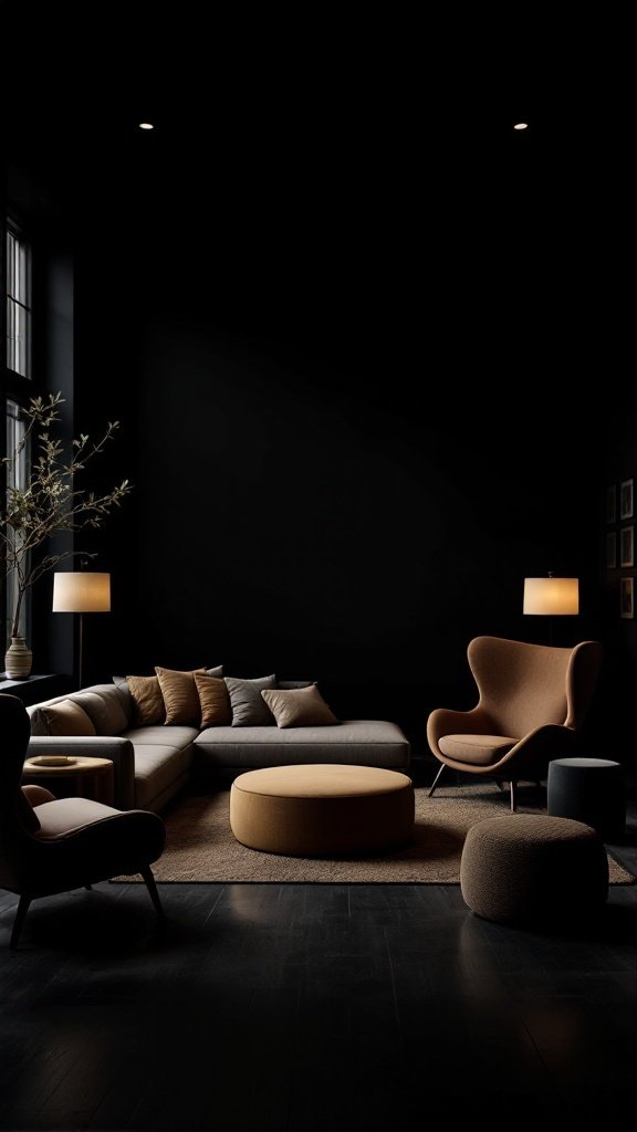 A cozy dark living room featuring a sectional sofa, armchair, and round poufs, surrounded by warm lighting.