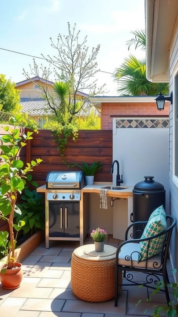 A compact outdoor kitchenette featuring a grill, sink, and seating in a small backyard setting.