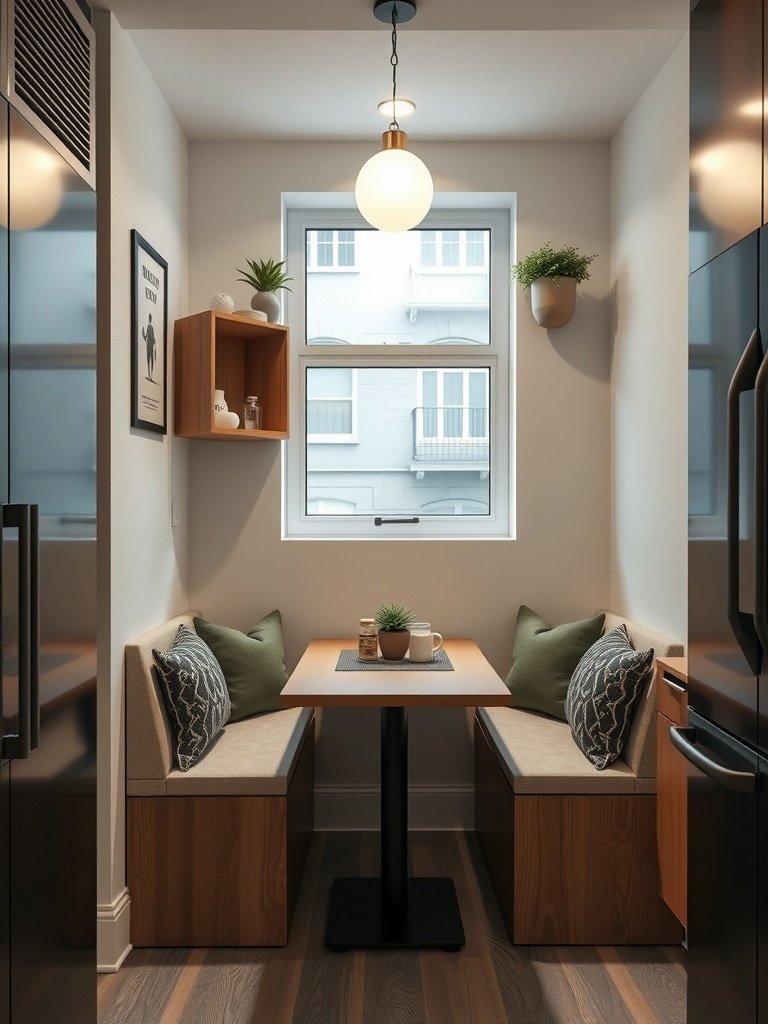 A cozy compact kitchen breakfast nook with smart storage.