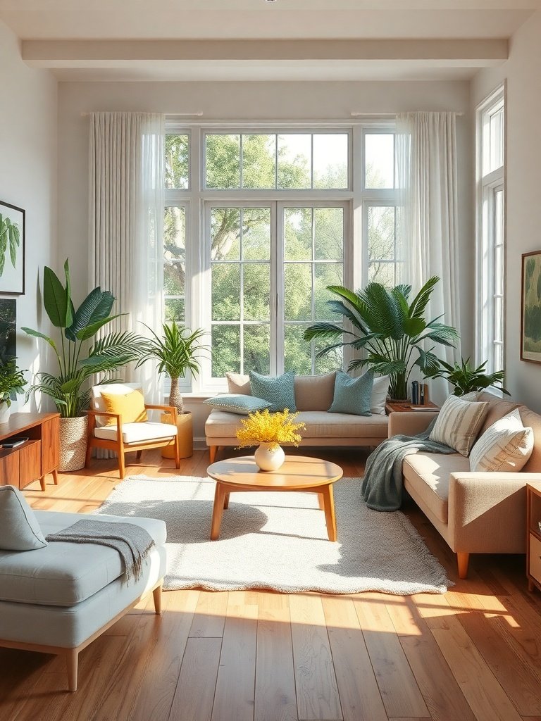 A cozy living room with large windows, plants, and comfortable seating.
