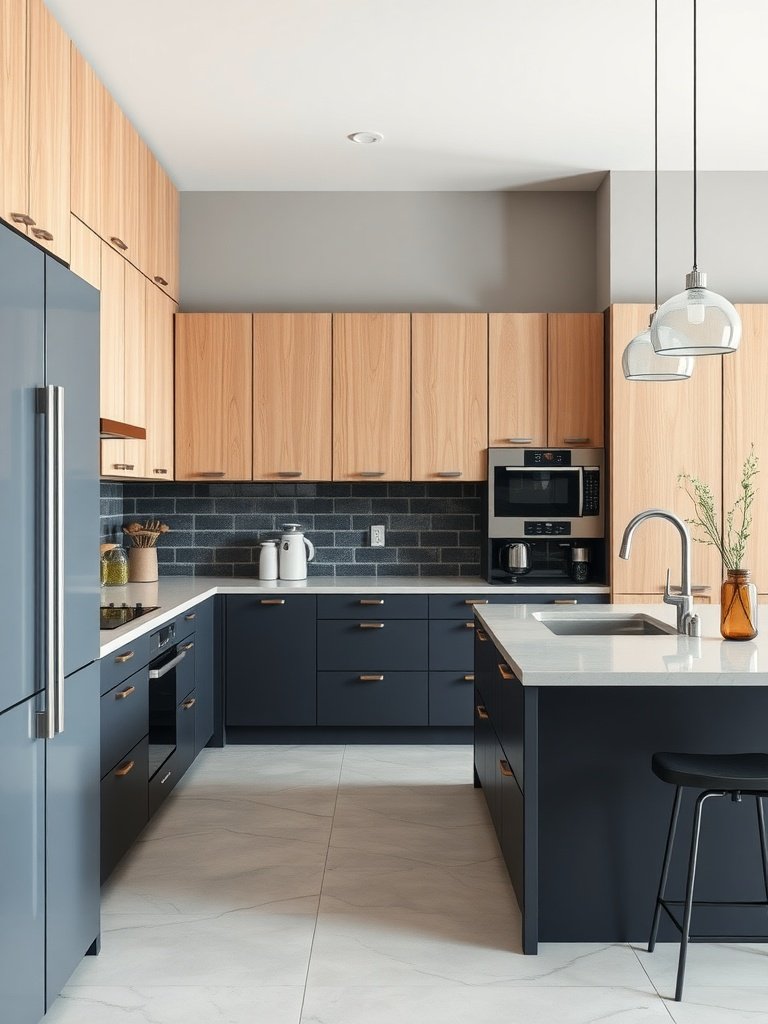 Contemporary kitchen featuring charcoal and light oak cabinets.