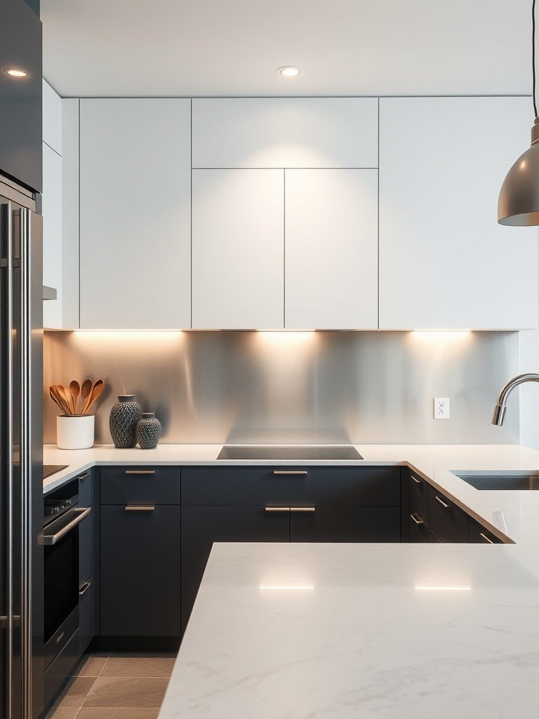 A modern kitchen featuring a sleek stainless steel backsplash with dark cabinets and bright lighting.