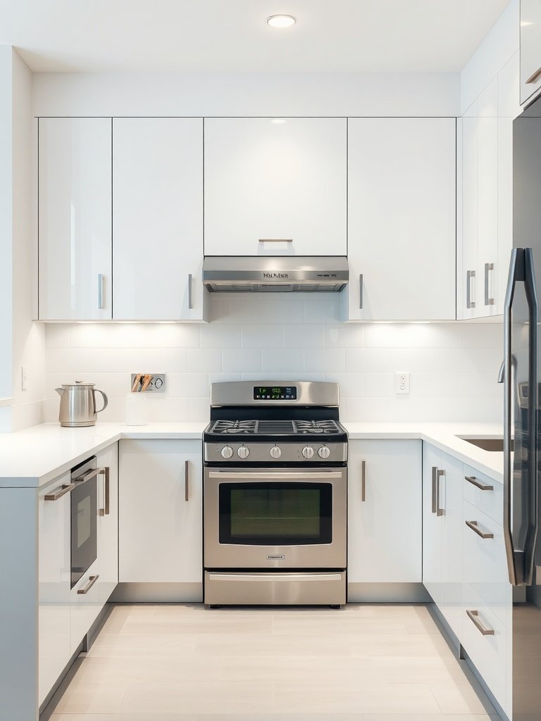 A modern kitchen featuring a contemporary white gloss finish with stainless steel appliances.