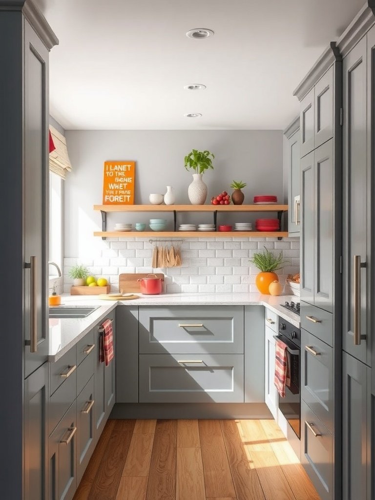 A modern grey kitchen with colorful accents, featuring bright dishware and plants.