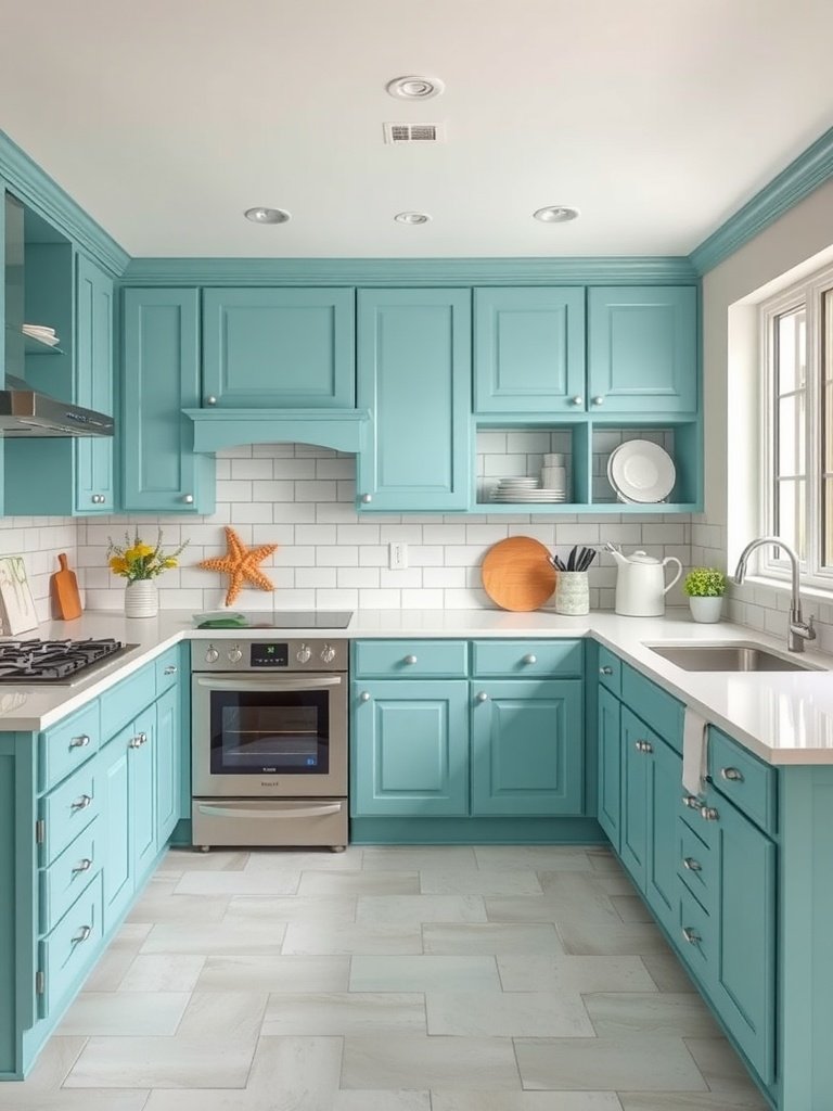 A modern kitchen with teal cabinets and a coastal feel.