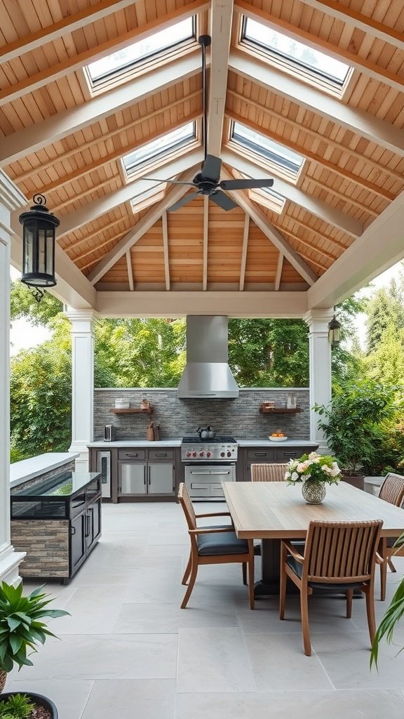 Covered outdoor kitchen with skylights and wooden ceiling