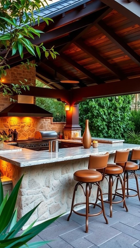 A modern outdoor kitchen with bar-style countertops, high seating, and warm lighting.