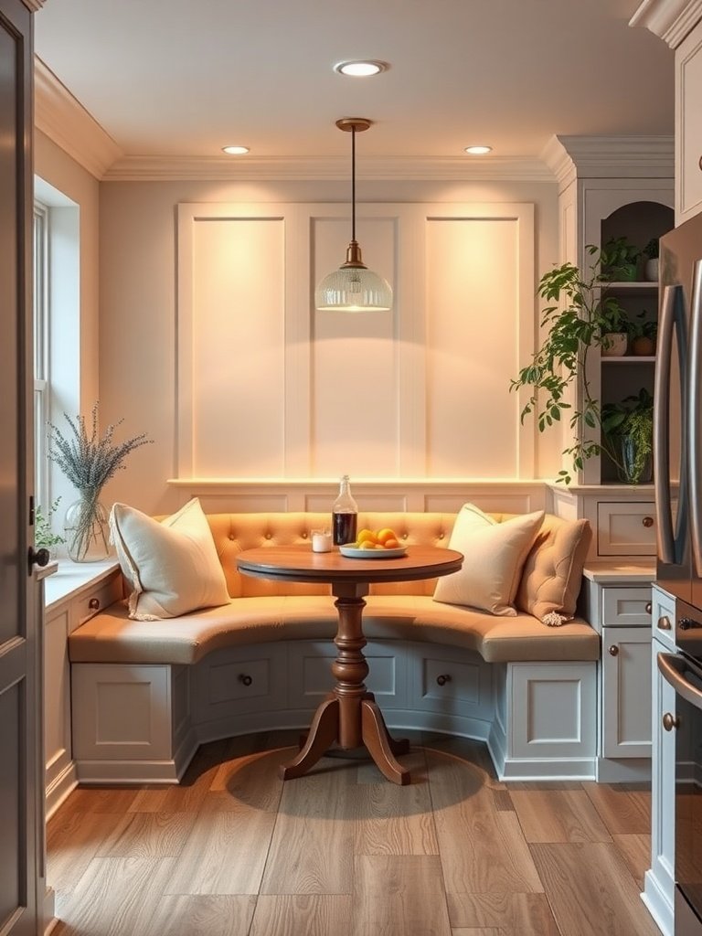 A cozy kitchen corner with built-in seating, featuring a round table and soft cushions.