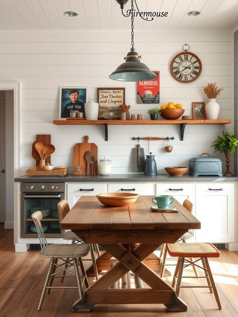 A cozy farmhouse white kitchen featuring a rustic wooden table, white cabinets, and various decorative items.