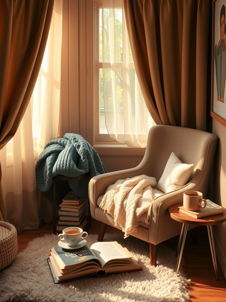 Cozy reading nook with a chair, books, and warm lighting.