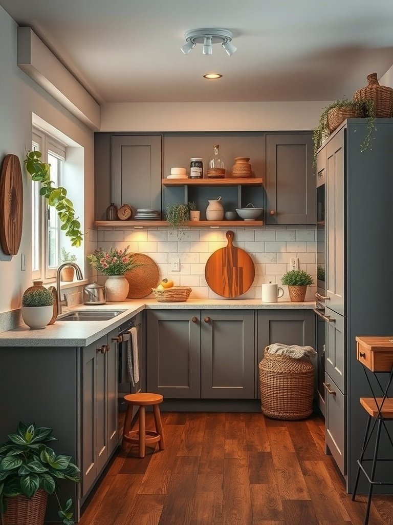 Cozy grey kitchen with wooden accents and plants