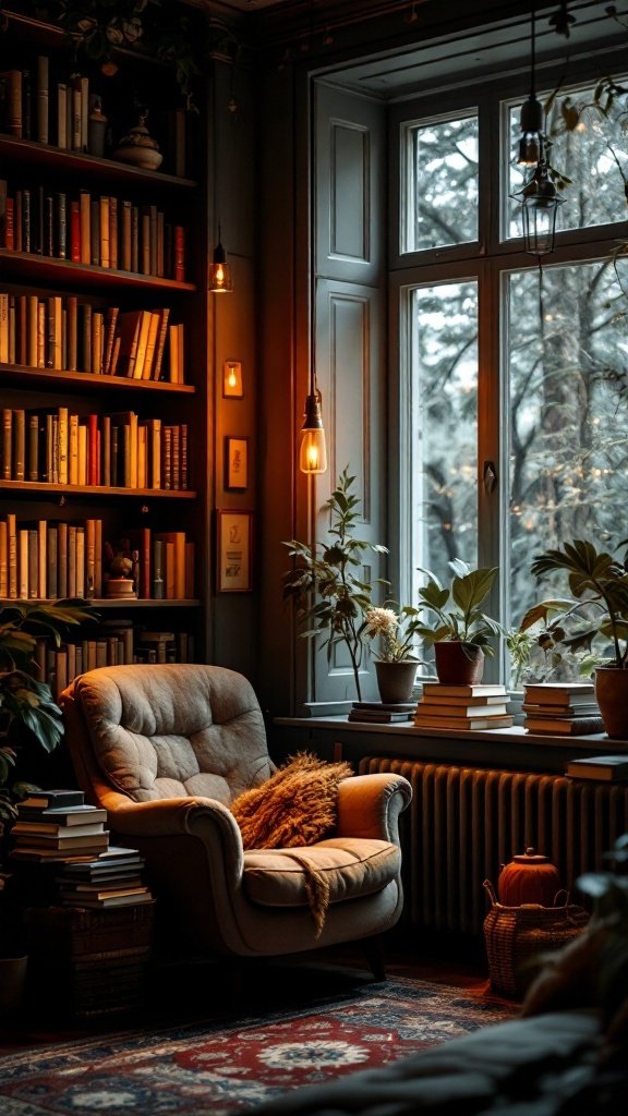 A cozy reading nook with a comfortable chair, bookshelves, and warm lighting.