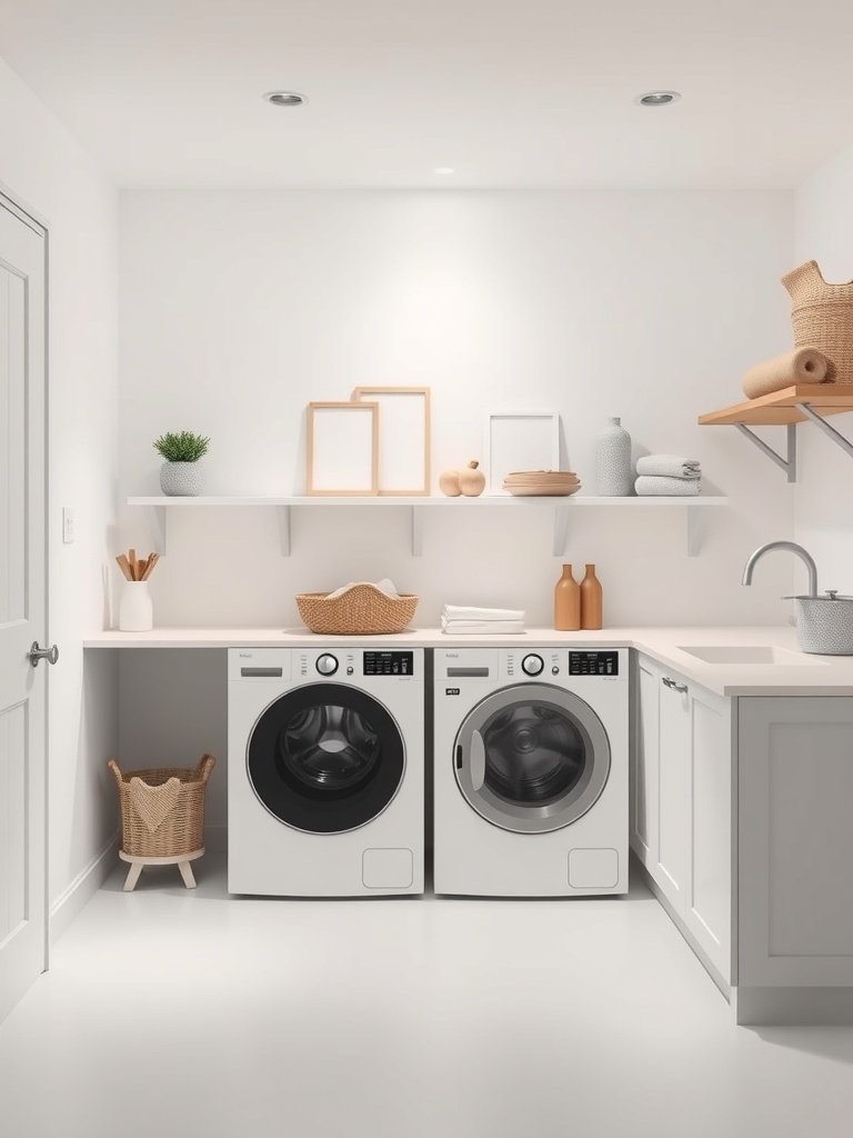 A minimalist laundry room featuring white walls, modern appliances, and organized shelves.
