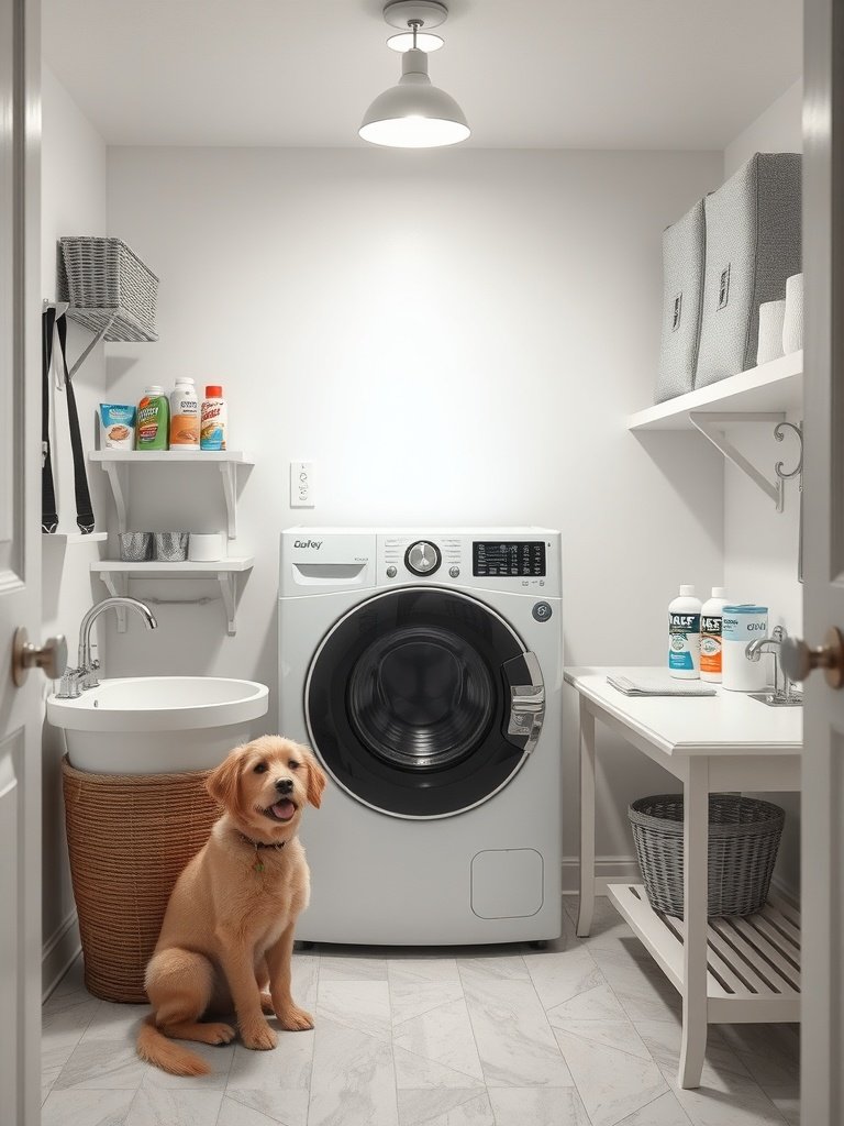 A clean and organized laundry room with a dog sitting on the floor.