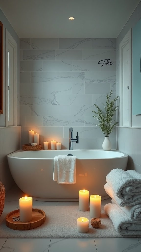 A serene and stylish Japandi bathroom featuring a freestanding bathtub, candles, and soft towels.