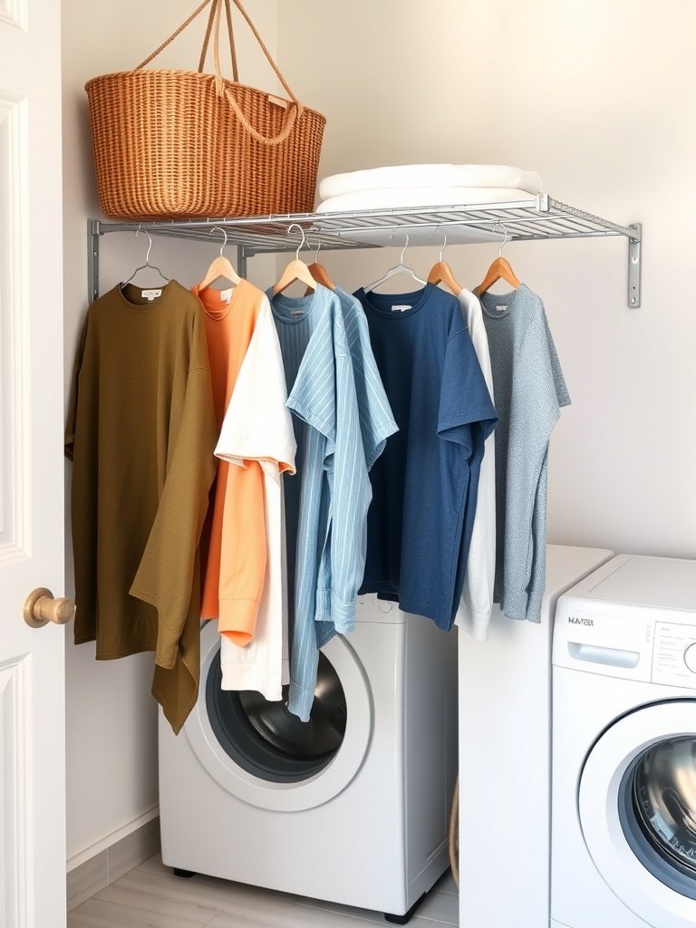 A laundry room with a hanging rack displaying colorful shirts and a basket above.