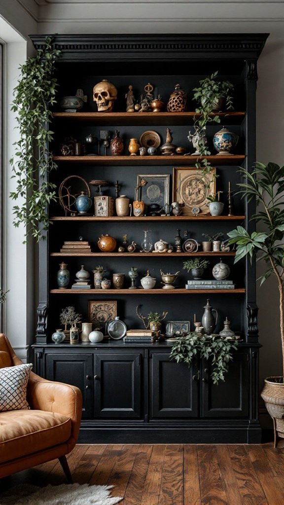 A dark wooden shelf filled with various curiosities including a skull, vintage items, and plants.