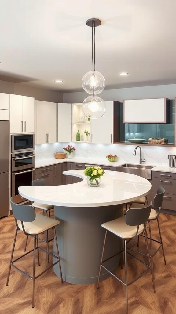 Curved kitchen island with bar stools and modern decor