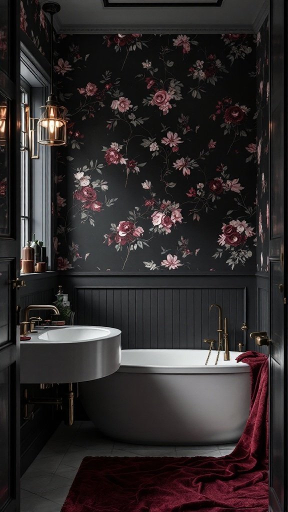 A luxurious bathroom featuring dark floral wallpaper with red and pink flowers on a black background, a white tub, gold fixtures, and a plush red rug.