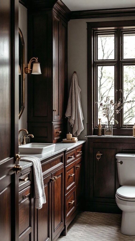 A bathroom featuring dark wood cabinetry, a light fixture, and a window allowing natural light.