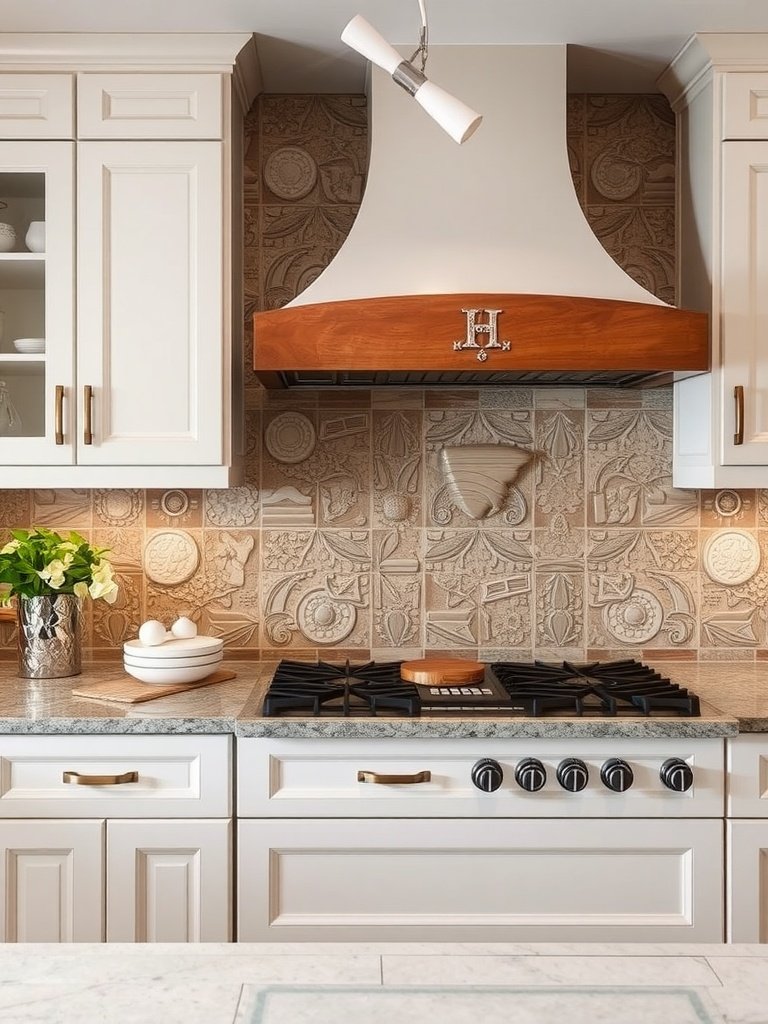 Decorative relief tiles featuring floral patterns in a kitchen backsplash