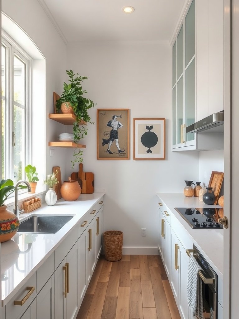 A stylish galley kitchen featuring potted plants, artwork, and a stylish clock, showcasing a blend of colors and textures.