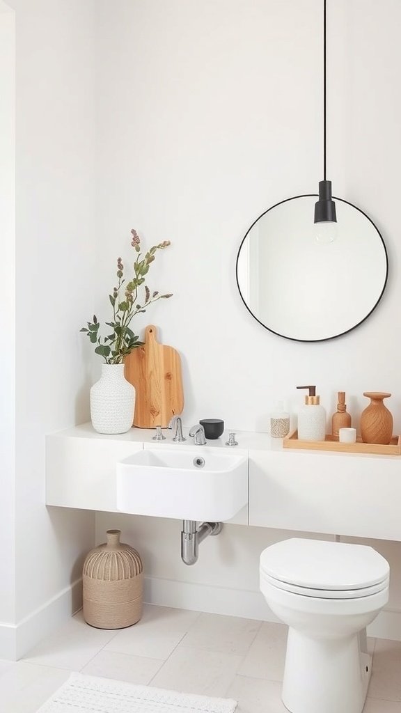 An arrangement of ceramic decor items including vases and bowls in earth tones on a wooden shelf