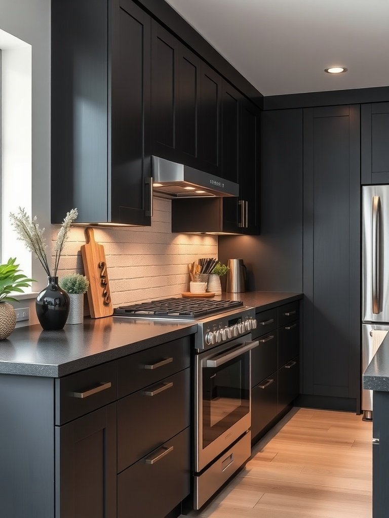 A modern kitchen featuring deep charcoal cabinets, warm wood accents, and bright lighting.