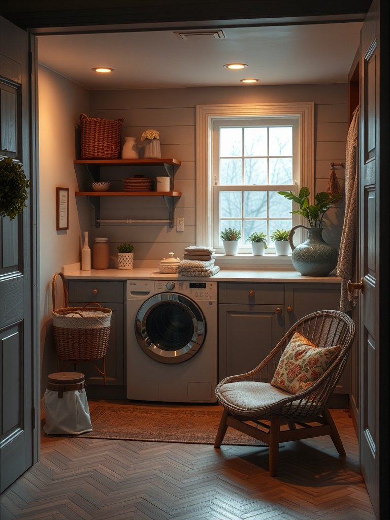 A cozy laundry nook featuring a washing machine, shelves with decorative items, and a comfortable chair.
