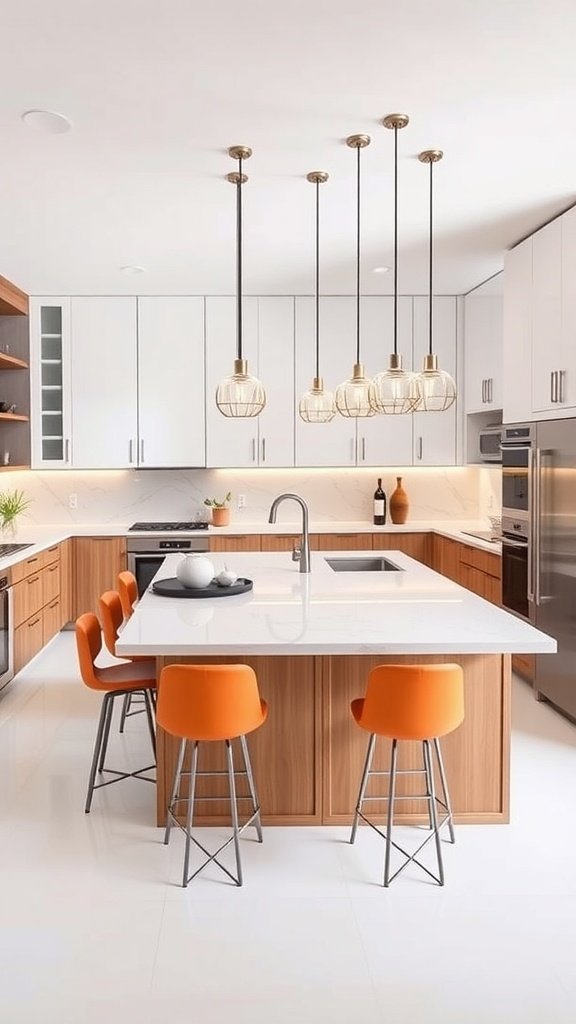 Modern kitchen with a double island layout featuring orange stools and stylish lighting.