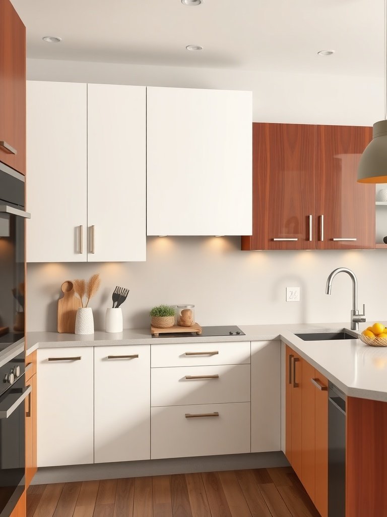 Modern kitchen featuring dual-tone cabinets in warm wood and white.