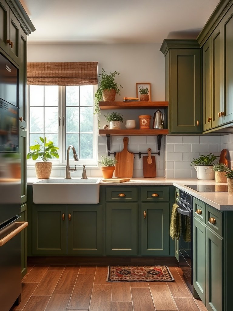 A cozy kitchen with earthy green cabinets, a farmhouse sink, and wooden accents.