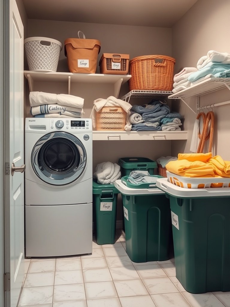 A well-organized laundry room with labeled bins for sorting clothes, a washing machine, and neatly stacked towels.