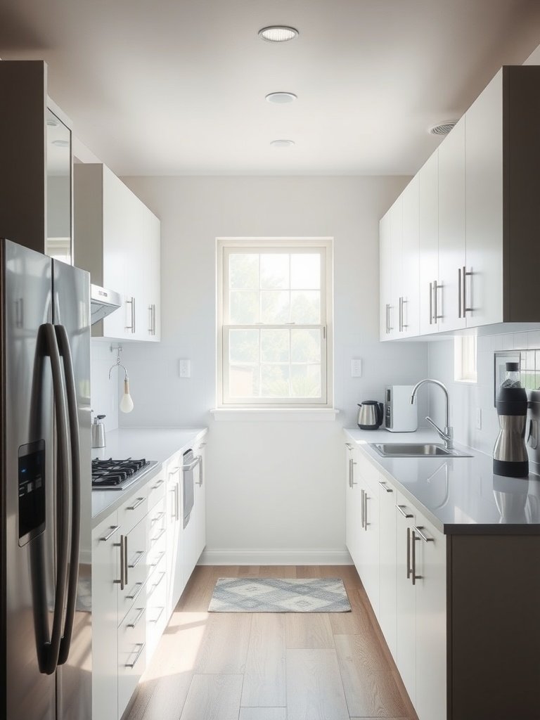 A bright and modern galley kitchen with white cabinets and appliances.
