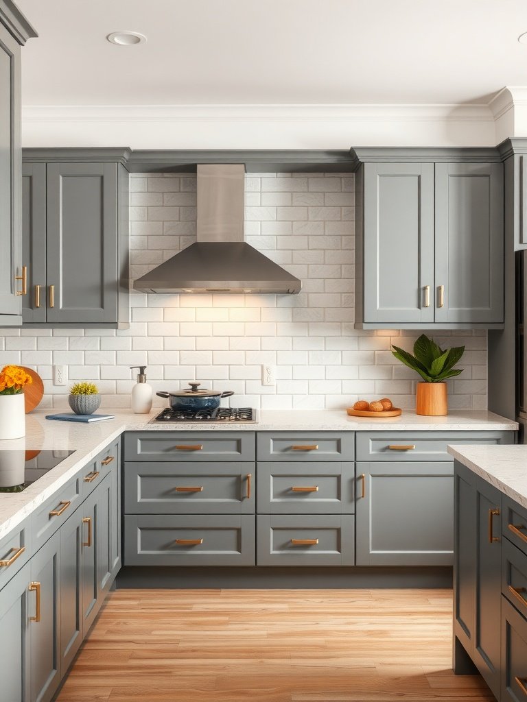 A modern grey kitchen with elegant cabinets, a white countertop, and warm accents.