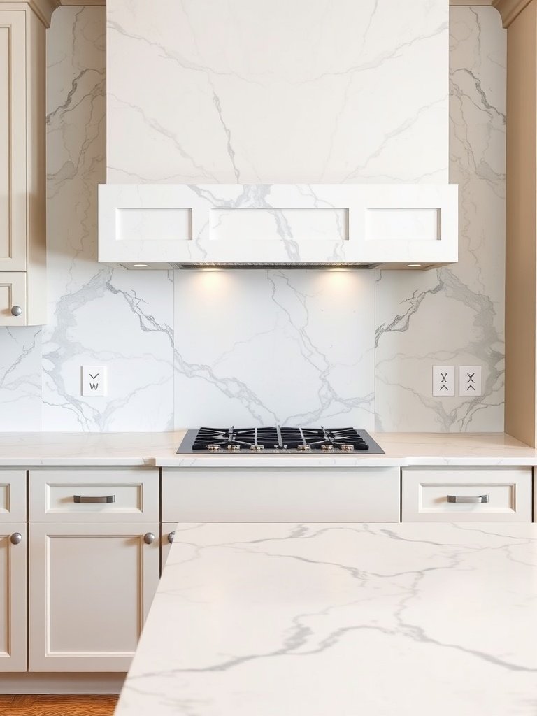 A modern kitchen featuring elegant marble slabs as backsplash and countertop.