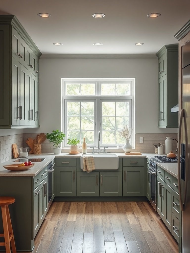 A cozy kitchen featuring sage green cabinets, a farmhouse sink, and wooden accents.