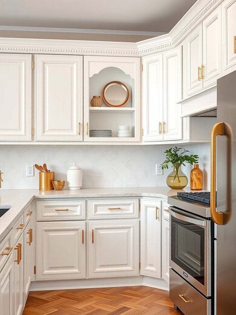 A modern white kitchen featuring gold accents and elegant design.