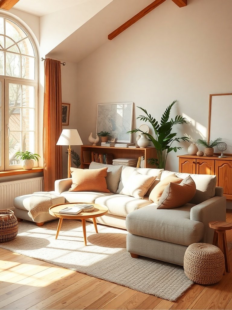 Cozy living room with warm and neutral color palette, featuring a comfortable sofa, wooden accents, and plants.