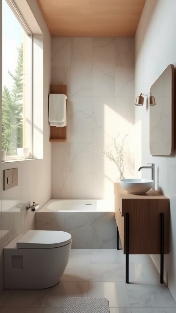 Minimalist bathroom with wooden accents and natural light