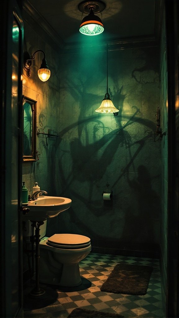 A dark and moody bathroom with vintage lighting fixtures casting shadows on the walls.