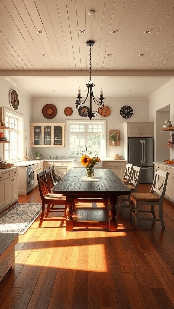 A bright farmhouse kitchen featuring a large wooden dining table, chairs, and a vase of sunflowers.
