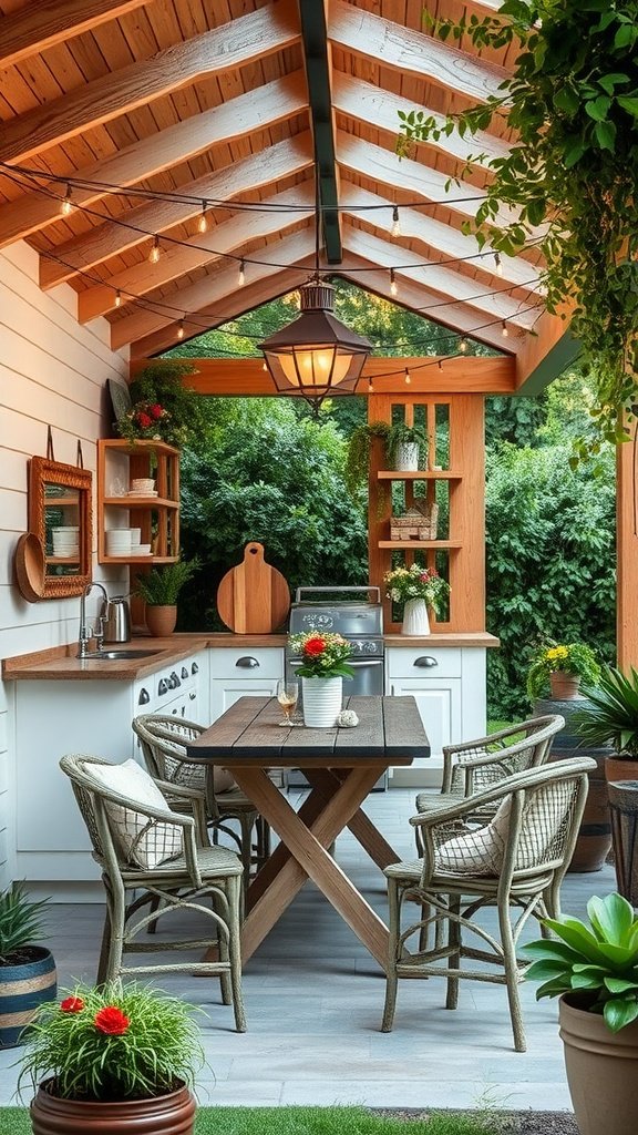 A cozy farmhouse-inspired outdoor kitchen with shiplap walls, a wooden table, and plants.