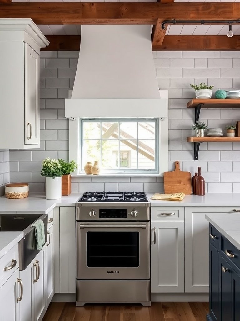 A kitchen featuring farmhouse style subway tiles with white grout, wooden shelves, and a modern stove.