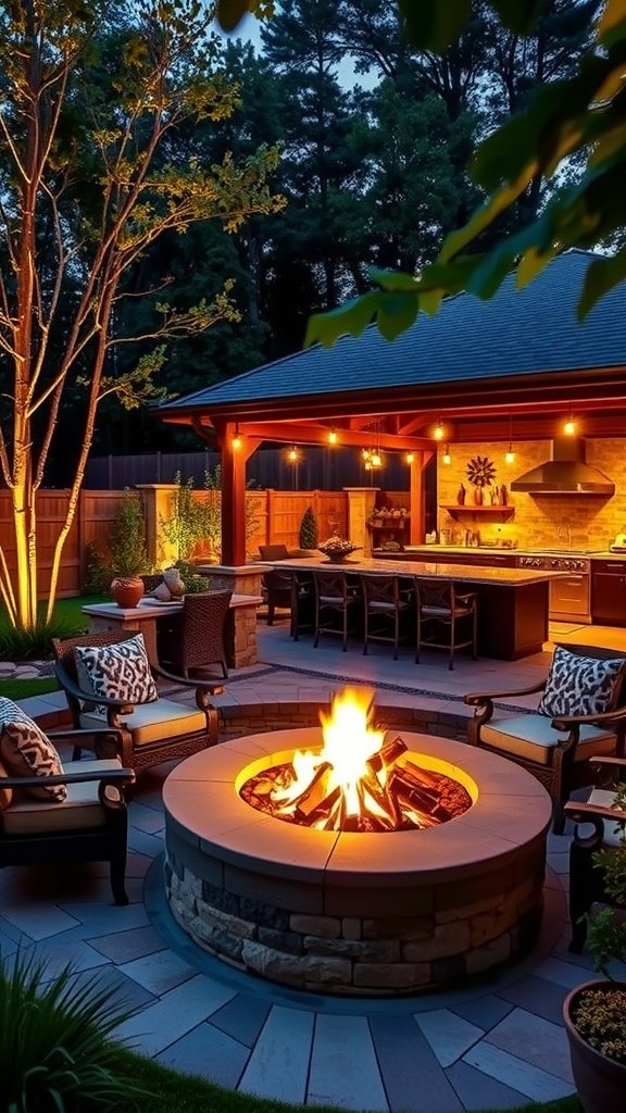 A cozy outdoor dining area featuring a fire pit surrounded by chairs, with an outdoor kitchen nearby.