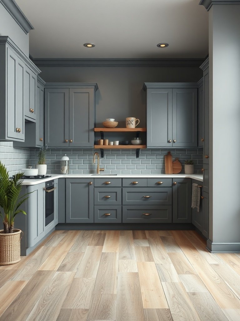A stylish grey kitchen featuring light wood flooring and modern cabinetry.
