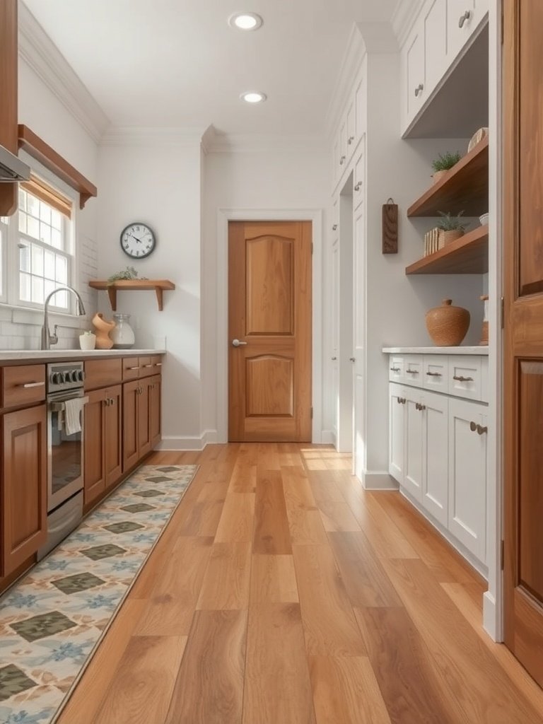 A modern galley kitchen with wooden flooring and white cabinetry.